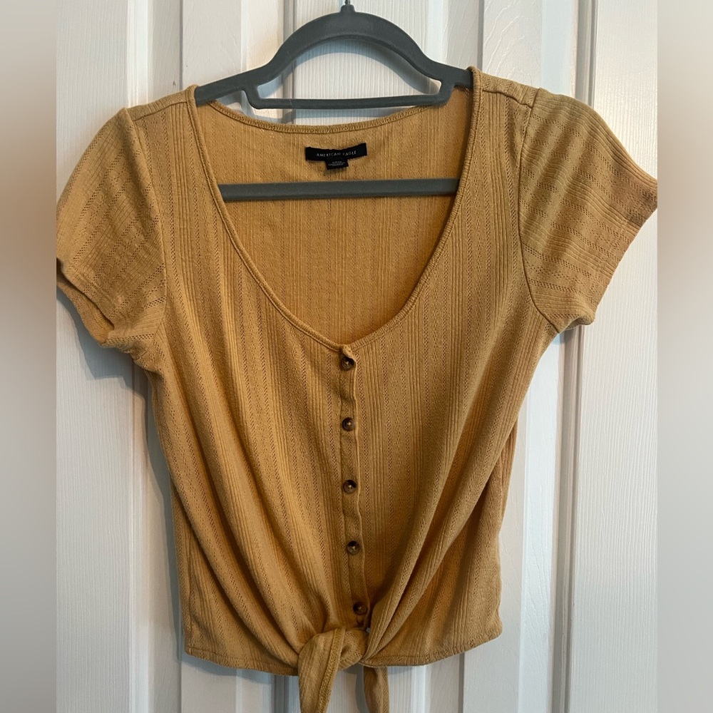 American Eagle Golden Button-Down Tie-Front Top